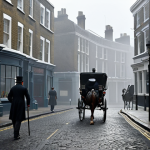 **

A foggy Victorian London street scene. Gas lamps illuminate the cobblestone streets. In the foreground, a figure resembling Sherlock Holmes (but ambiguous enough not to be a specific actor) stands in front of 187 North Gower Street, appearing as 221B Baker Street. A horse-drawn carriage passes by. The overall mood is mysterious and slightly ominous.

**