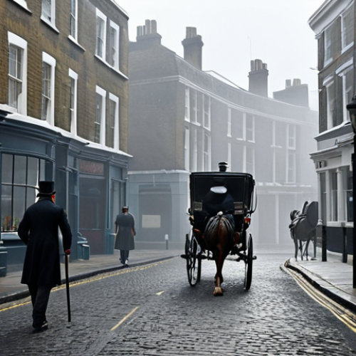 **

A foggy Victorian London street scene. Gas lamps illuminate the cobblestone streets. In the foreground, a figure resembling Sherlock Holmes (but ambiguous enough not to be a specific actor) stands in front of 187 North Gower Street, appearing as 221B Baker Street. A horse-drawn carriage passes by. The overall mood is mysterious and slightly ominous.

**