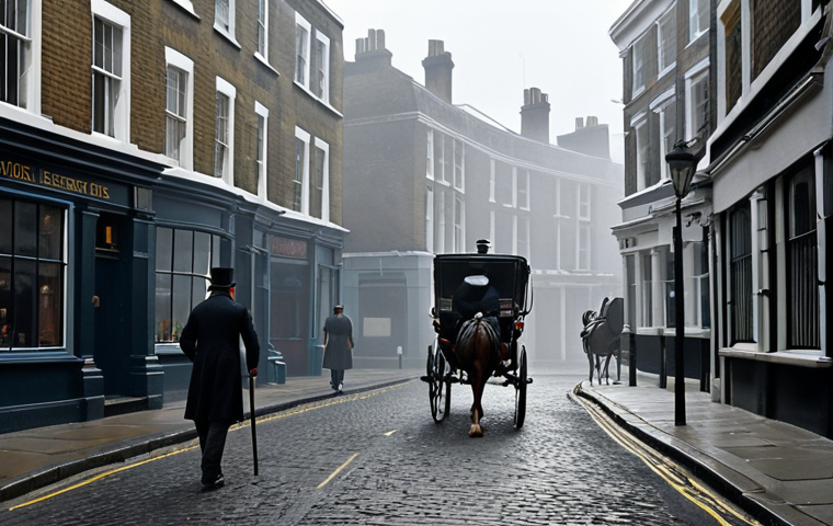 **
A foggy Victorian London street scene. Gas lamps illuminate the cobblestone streets. In the foreground, a figure resembling Sherlock Holmes (but ambiguous enough not to be a specific actor) stands in front of 187 North Gower Street, appearing as 221B Baker Street. A horse-drawn carriage passes by. The overall mood is mysterious and slightly ominous.
**