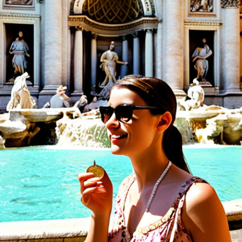 **

A vibrant, sunlit scene at the Trevi Fountain in Rome. A modern-day Audrey Hepburn-esque woman, stylishly dressed, tosses a coin into the fountain with a hopeful expression. Tourists surround her, but the focus is on her romantic gesture and the baroque splendor of the fountain. Capture the energy and beauty of the location, emphasizing the "Roman Holiday" connection.

**