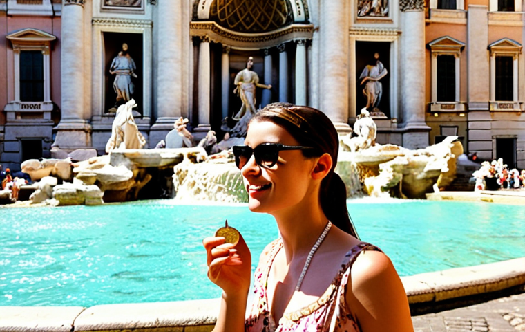 **
A vibrant, sunlit scene at the Trevi Fountain in Rome. A modern-day Audrey Hepburn-esque woman, stylishly dressed, tosses a coin into the fountain with a hopeful expression. Tourists surround her, but the focus is on her romantic gesture and the baroque splendor of the fountain. Capture the energy and beauty of the location, emphasizing the "Roman Holiday" connection.
**